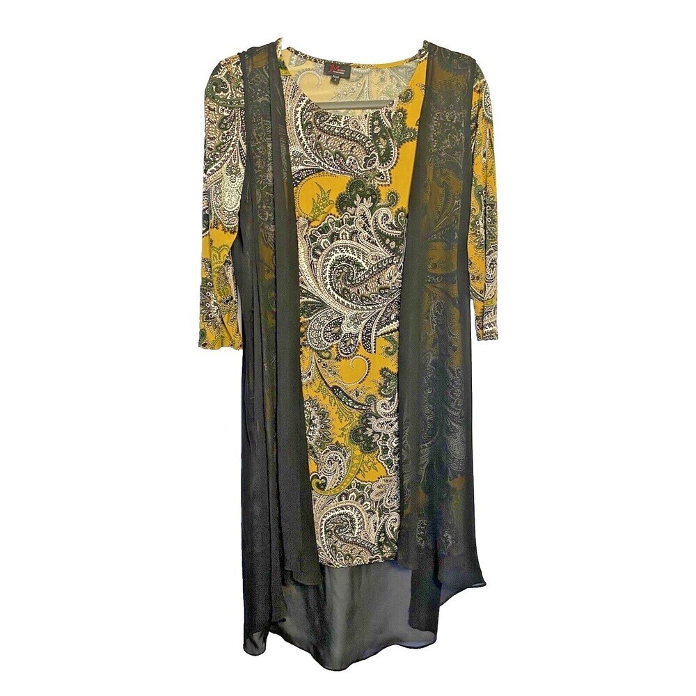 JM Studio by John Meyer Dress 2 Piece Sz S Paisley 3/4 Sleeve Sheer Long Vest